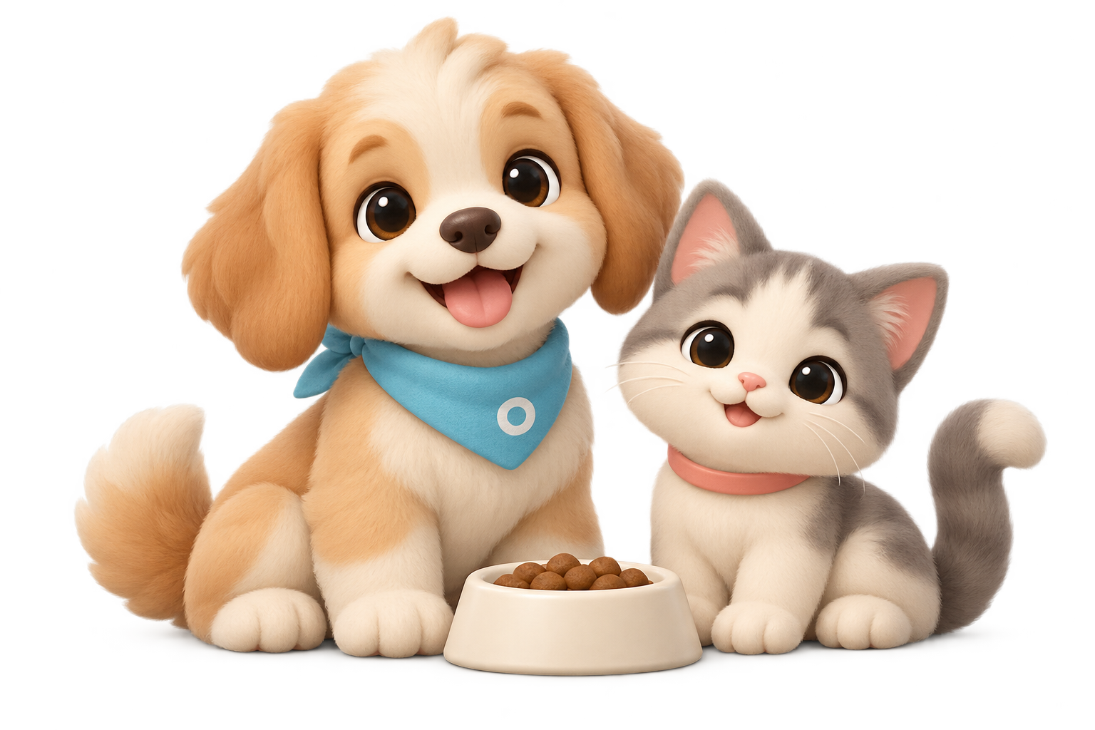 밥그릇 앞에 앉은 강아지와 고양이 캐릭터